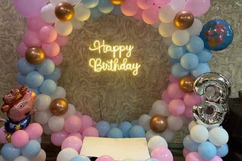 Elegant White Pink and Blue Balloon Backdrop for Birthdays in Ghaziabad